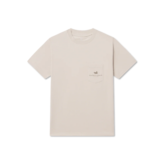 Beige t-shirt with a small logo on a white background