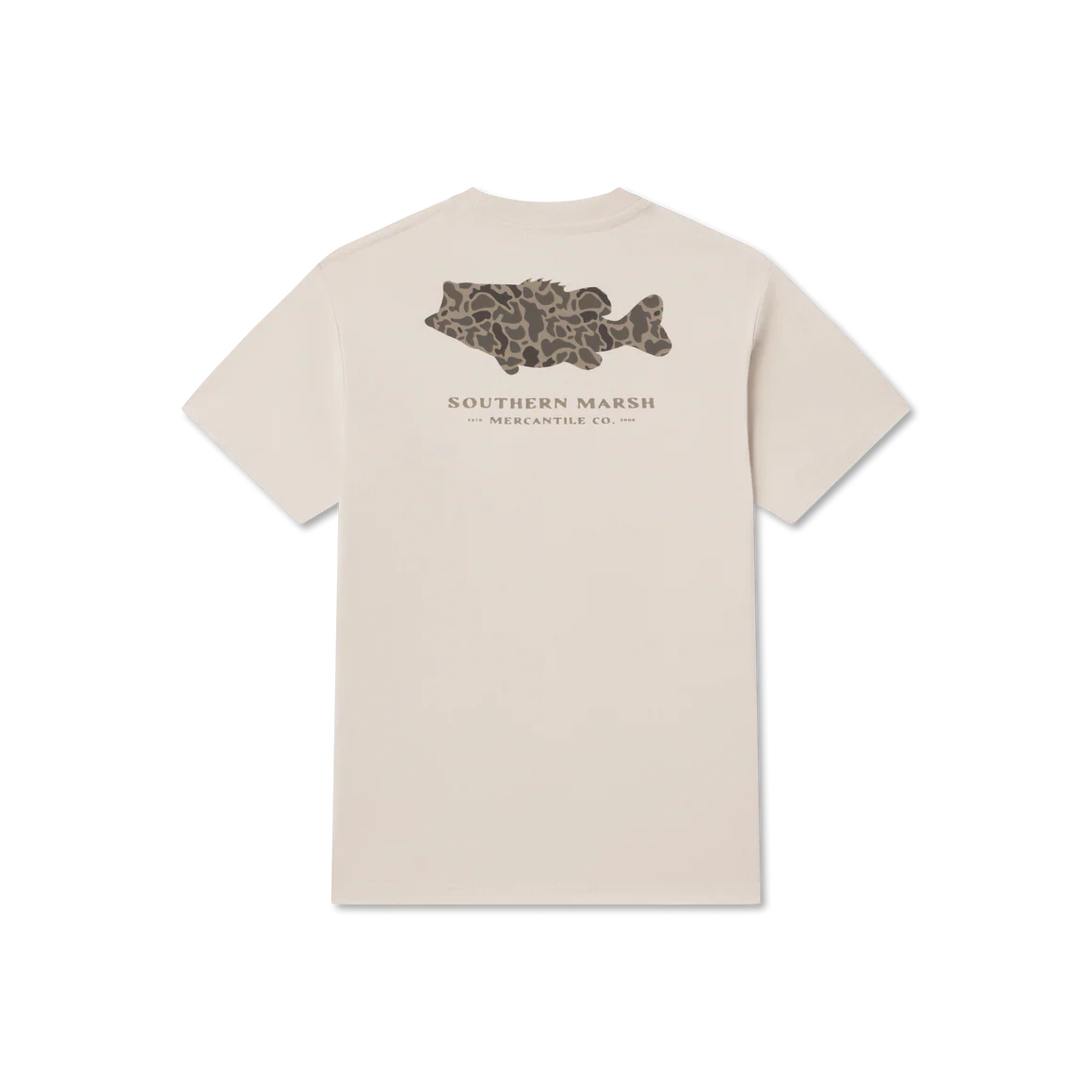 Beige t-shirt with a fish graphic and 'Southern Marsh' text on a white background