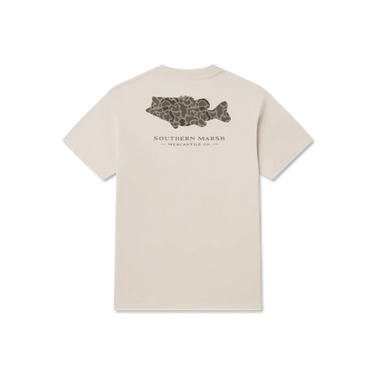 Beige t-shirt with a fish graphic and 'Southern Marsh' text on a white background