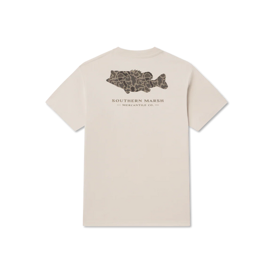 Beige t-shirt with a fish graphic and 'Southern Marsh' text on a white background