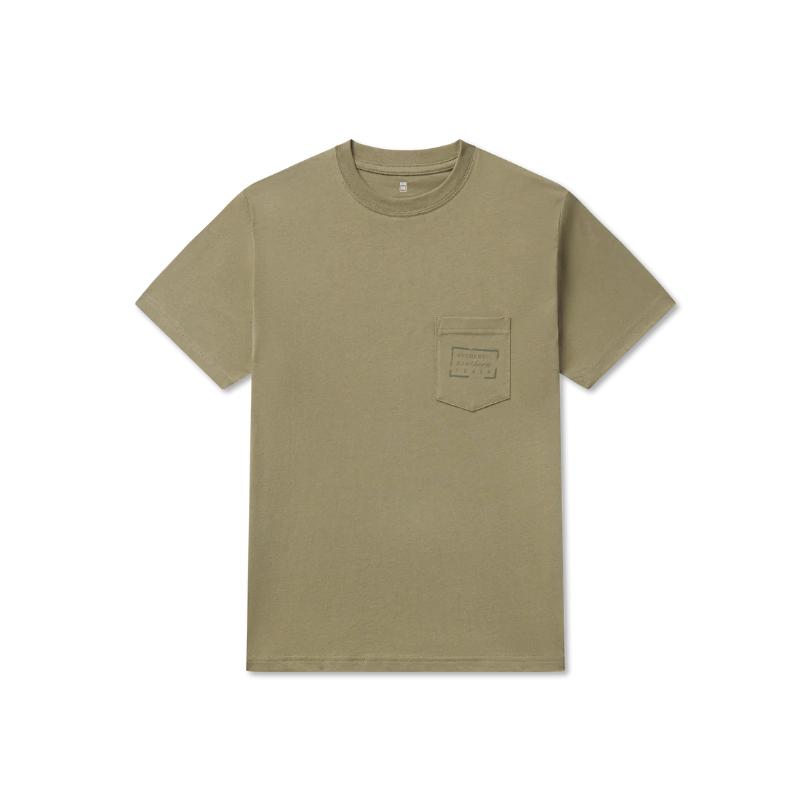 Khaki short sleeve t-shirt with chest pocket and minimal text graphic
