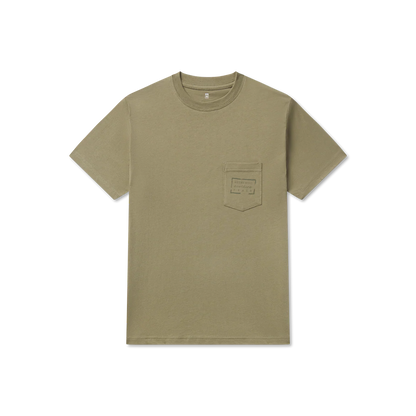 Khaki short sleeve t-shirt with chest pocket and minimal text graphic