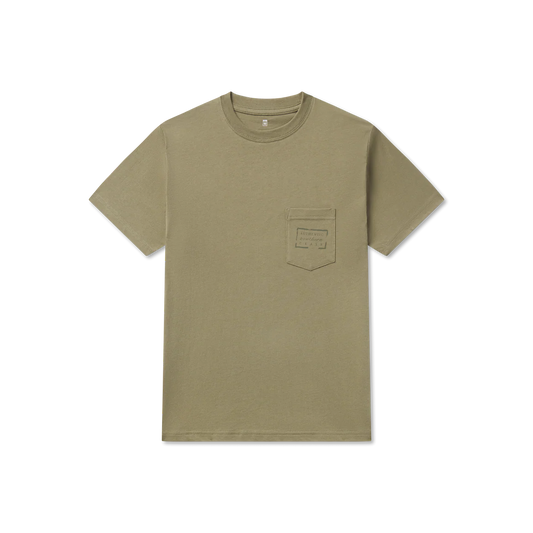 Khaki short sleeve t-shirt with chest pocket and minimal text graphic