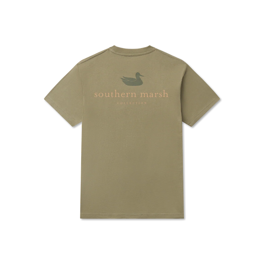 Khaki short sleeve t-shirt with duck logo and 'southern marsh collection' text on back