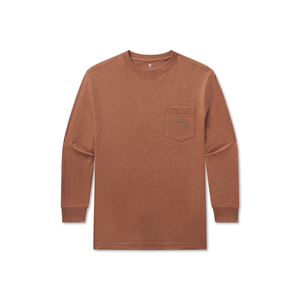 Brown long sleeve crew neck shirt with chest pocket, laid flat on white background