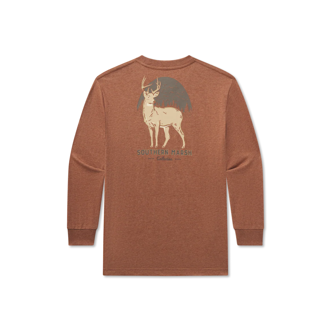 Brown long sleeve shirt with deer and forest sunset graphic on the back