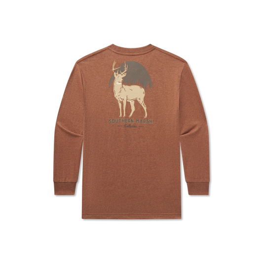 Brown long sleeve shirt with deer and forest sunset graphic on the back