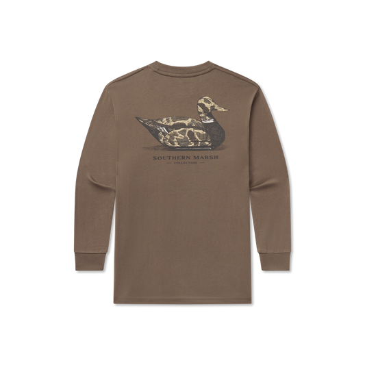 Brown long sleeve shirt with illustrated duck and 'Southern Marsh Collection' text on back