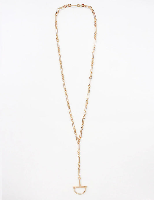 Gold necklace with a unique clasp on a white background