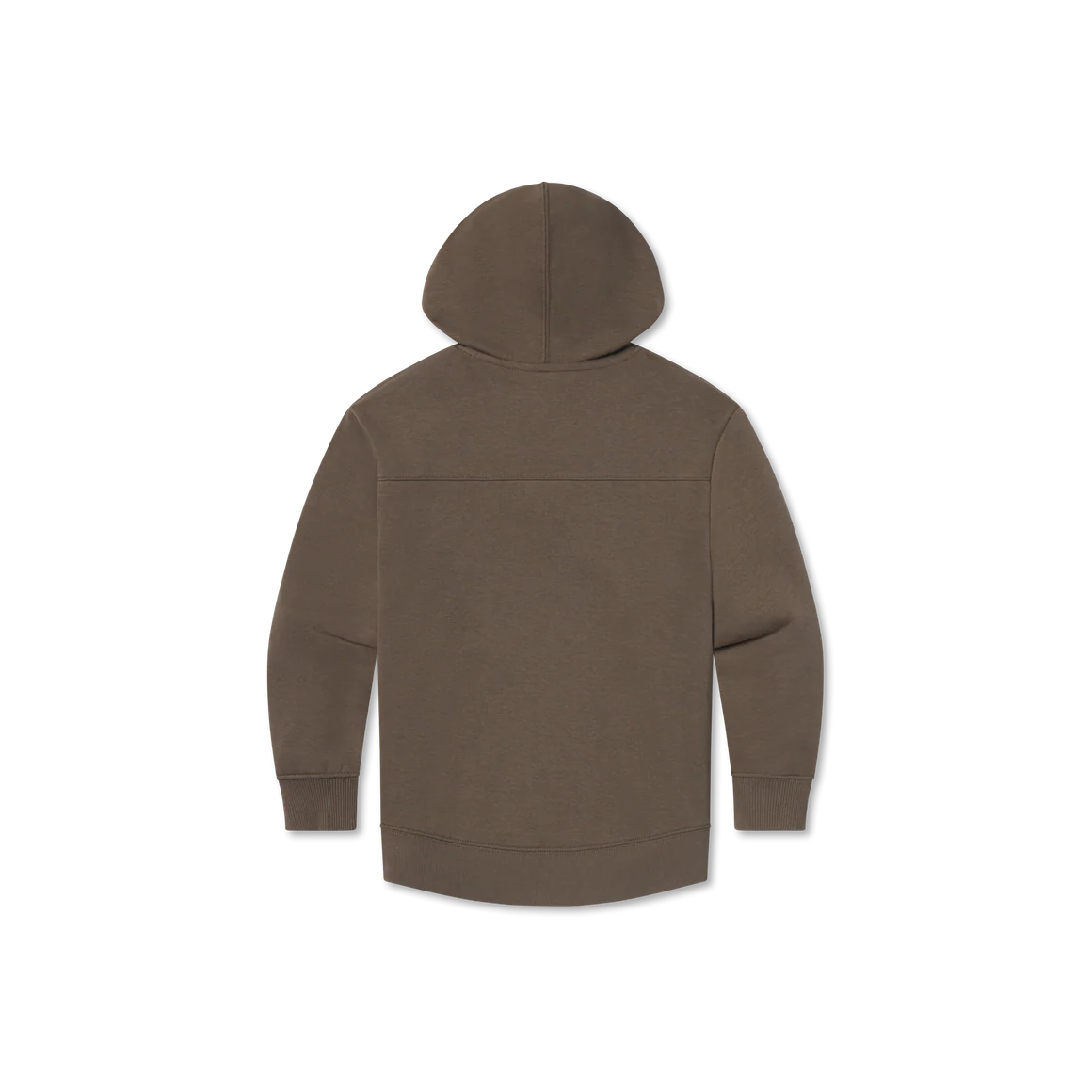 Back view of brown hooded sweatshirt with long sleeves on plain background