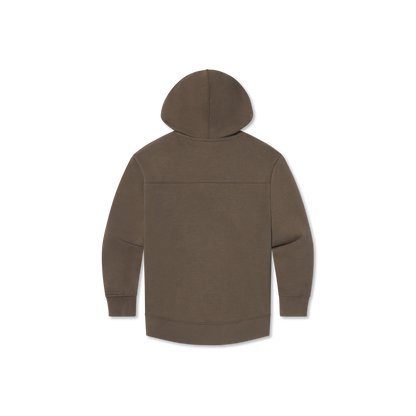 Back view of brown hooded sweatshirt with long sleeves on plain background