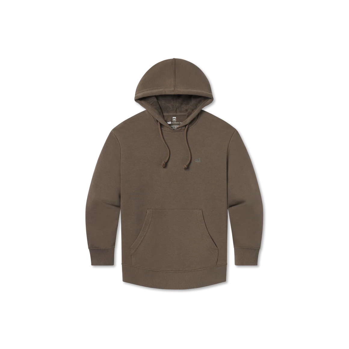 Brown pullover hoodie with drawstrings and front kangaroo pocket on plain background