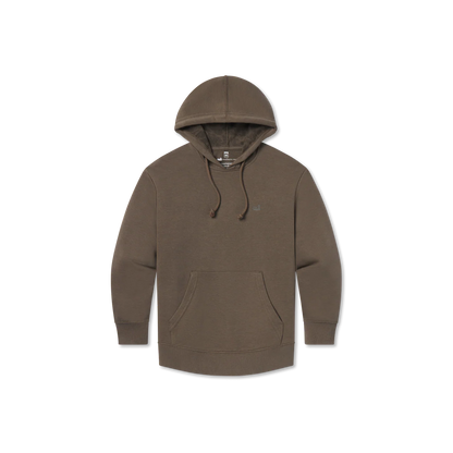Brown pullover hoodie with drawstrings and front kangaroo pocket on plain background