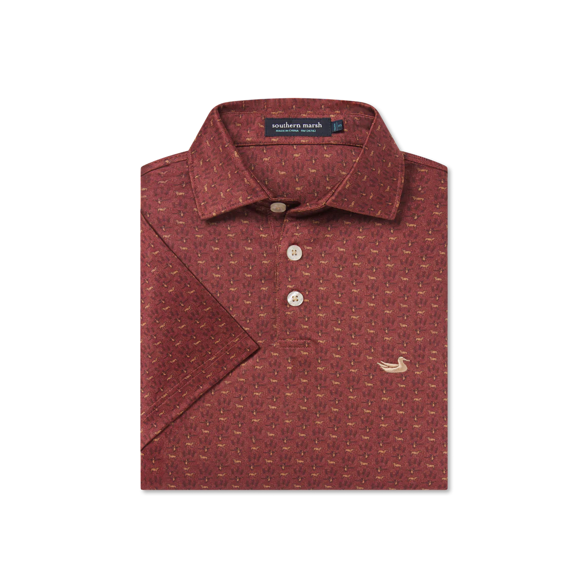 Burgundy short sleeve polo shirt with allover dog pattern and embroidered duck logo