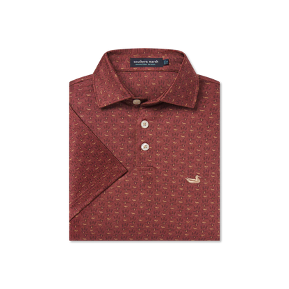 Burgundy short sleeve polo shirt with allover dog pattern and embroidered duck logo