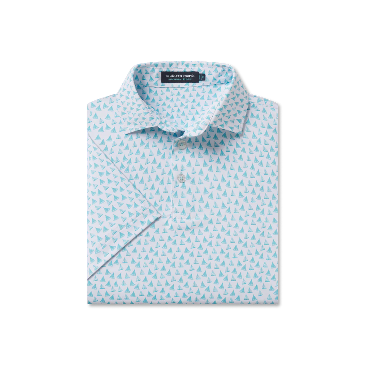 Folded light blue shirt with subtle pattern on a white background