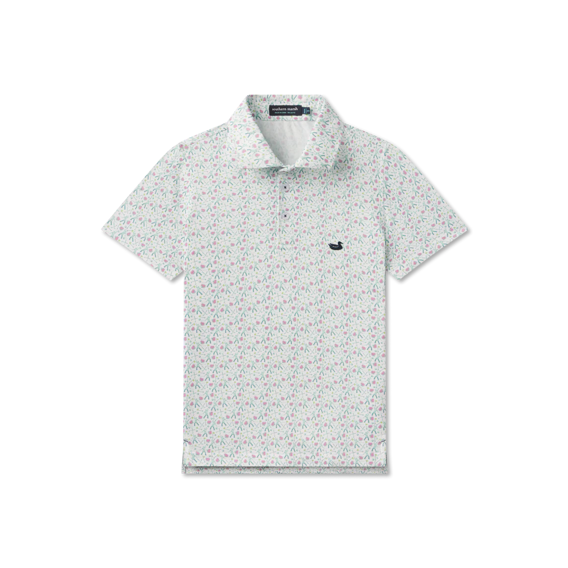 Short-sleeve polo shirt with a subtle pattern on a white background