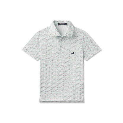 Short-sleeve polo shirt with a subtle pattern on a white background