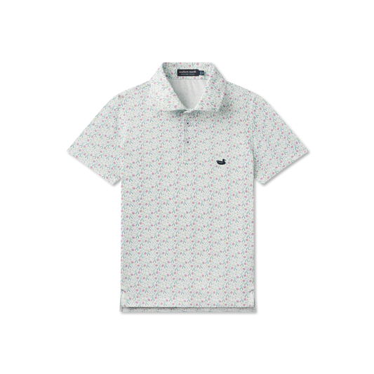Short-sleeve polo shirt with a subtle pattern on a white background