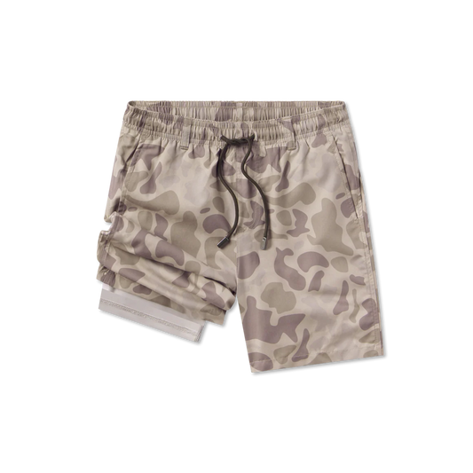 Camouflage shorts with drawstring on a white background
