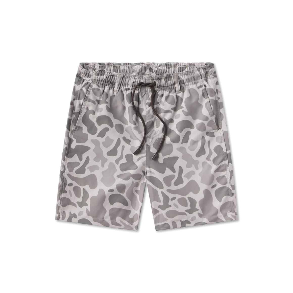 Gray camouflage shorts with a drawstring on a white background