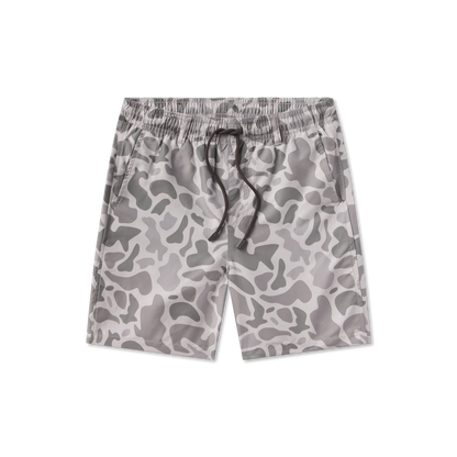 Gray camouflage shorts with a drawstring on a white background