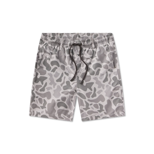 Gray camouflage shorts with a drawstring on a white background