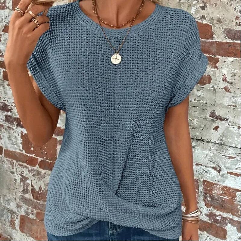 kycozy - Solid Color Round Neck Twist Short Sleeve T-Shirt