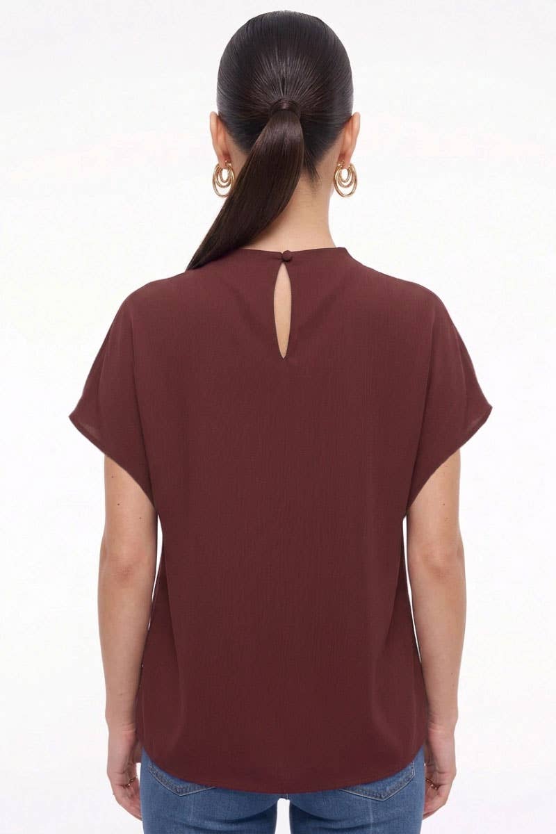 Naked Zebra - Mock Neck Draped Textured Satin Fall Blouse