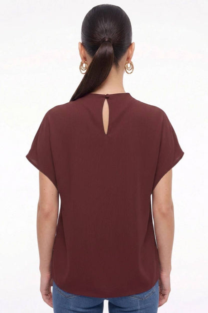 Naked Zebra - Mock Neck Draped Textured Satin Fall Blouse