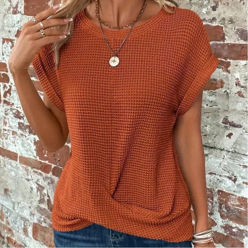 kycozy - Solid Color Round Neck Twist Short Sleeve T-Shirt