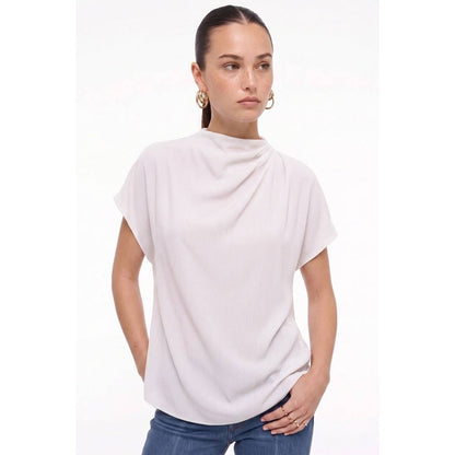 Naked Zebra - Mock Neck Draped Textured Satin Fall Blouse