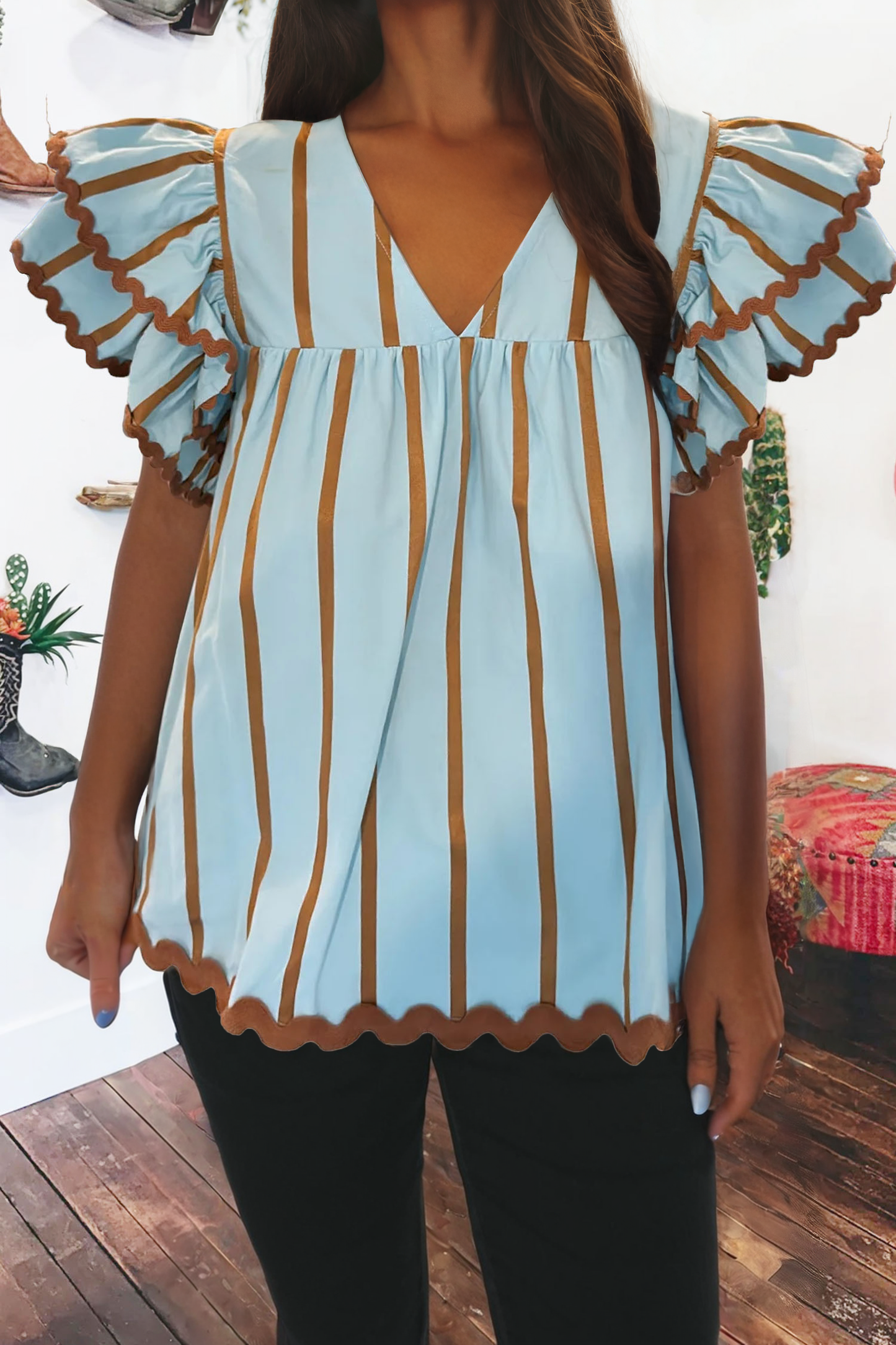 Stripe Ricrac Trim Double Ruffled Short Sleeve Blouse