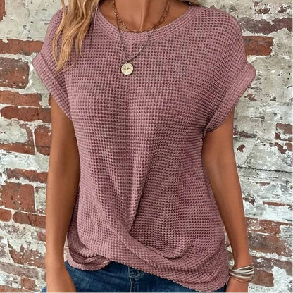 kycozy - Solid Color Round Neck Twist Short Sleeve T-Shirt