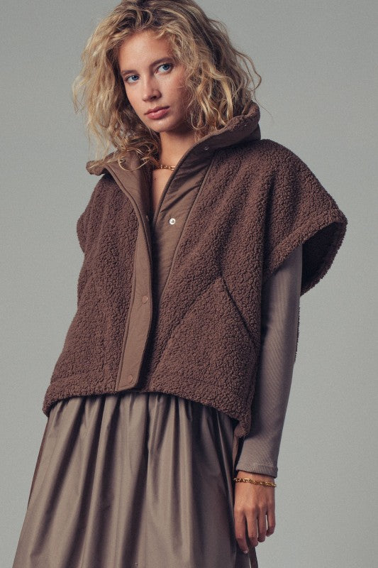 Cozy Sherpa Vest With Quilted Collar Detail