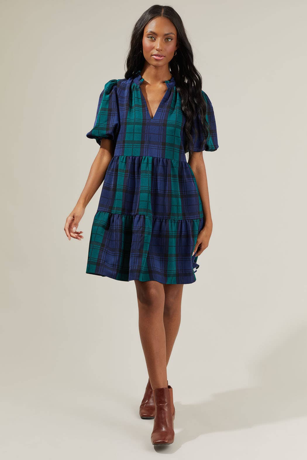 Hudson Plaid Jacey Babydoll Eyelet Mini Dress