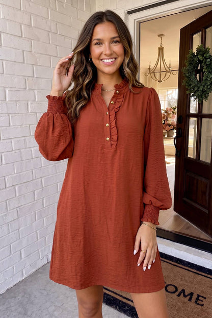 Solid Ruffle Trim Bubble Sleeve Shift Mini Dress