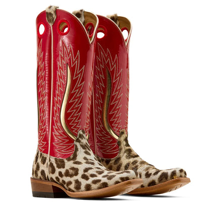 Red cowboy boots with gold embroidery and leopard print cowboy boots on a white background