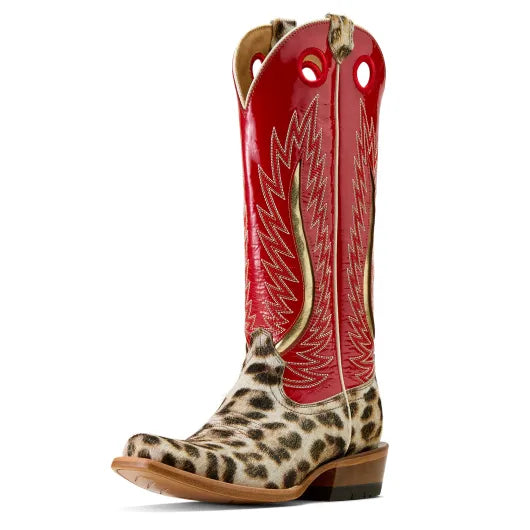 Red cowboy boots with gold embroidery and leopard print cowboy boots on a white background