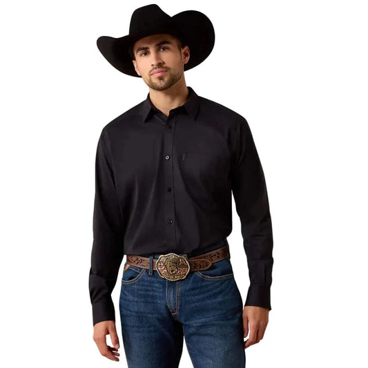 Man wearing a black shirt, blue jeans, and a cowboy hat on a white background