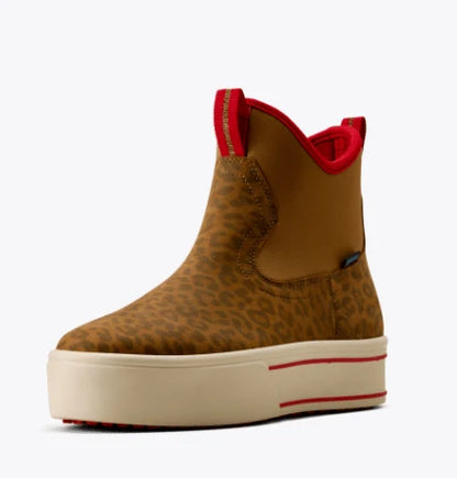 A mid-calf platform boot featuring a brown and black leopard print upper, a red pull tab, and a thick cream-colored platform sole with a red accent line.
