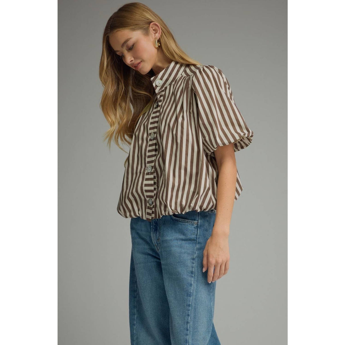 Stripe short puff sleeve top