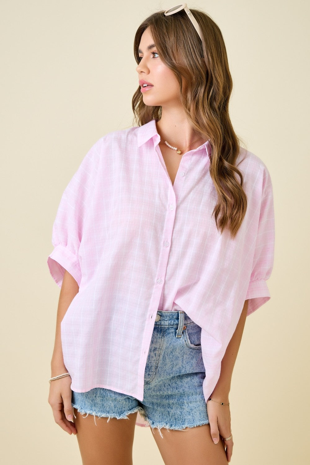 Button Down Textured Check Oversized Shirt Top-PINK