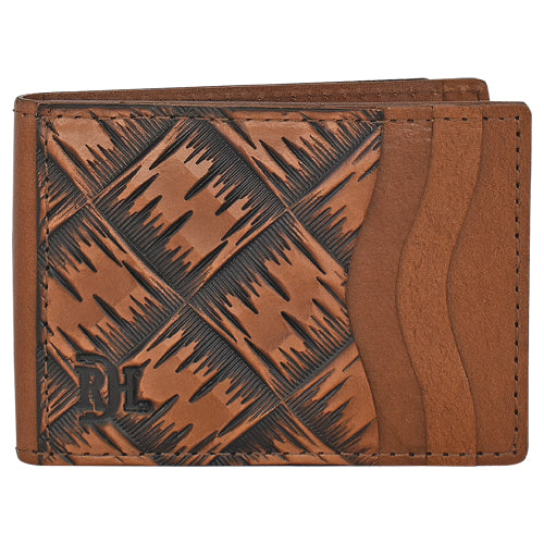 Brown leather wallet with embossed design on a white background