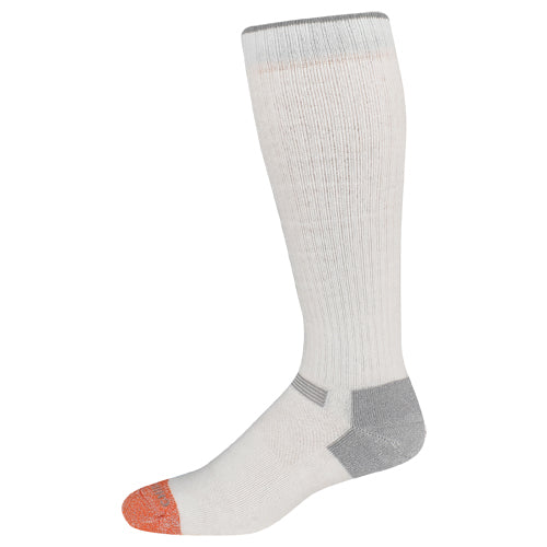White knee-high sock with gray accents on a white background