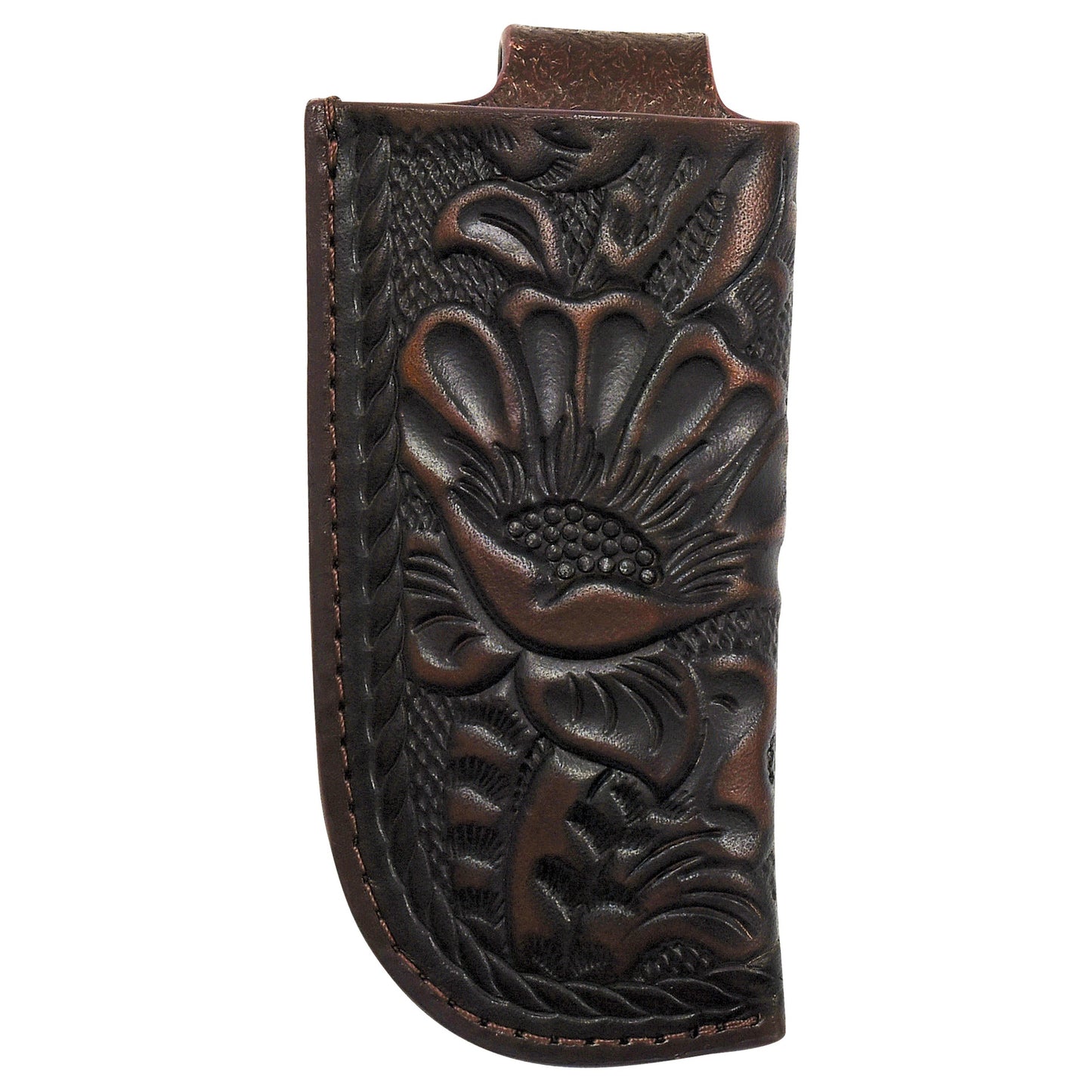 Brown leather case with floral embossing on a white background