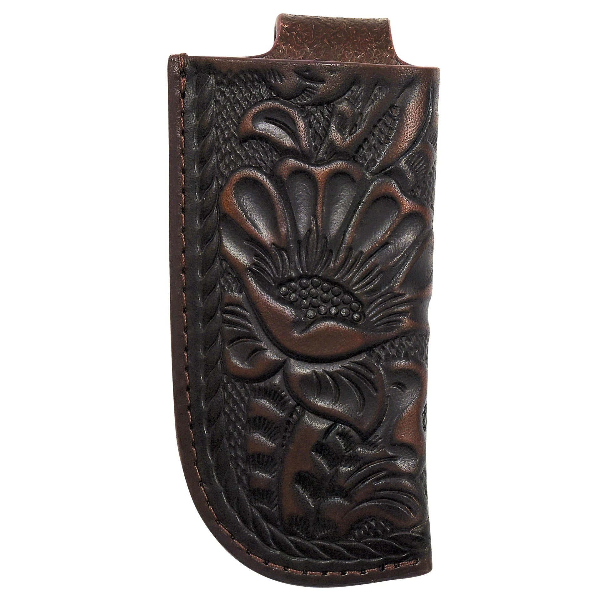 Brown leather case with floral embossing on a white background