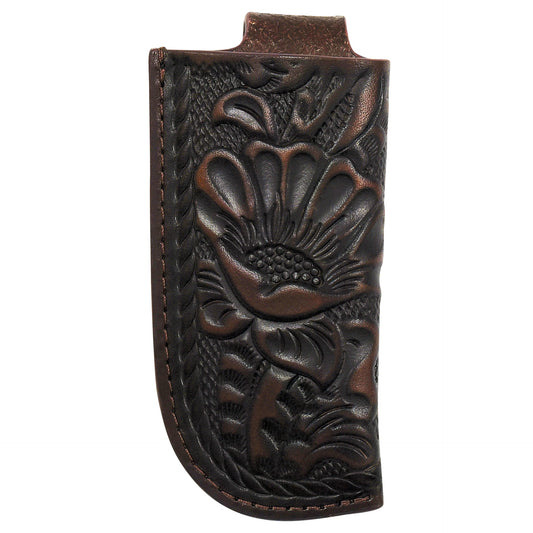 Brown leather case with floral embossing on a white background