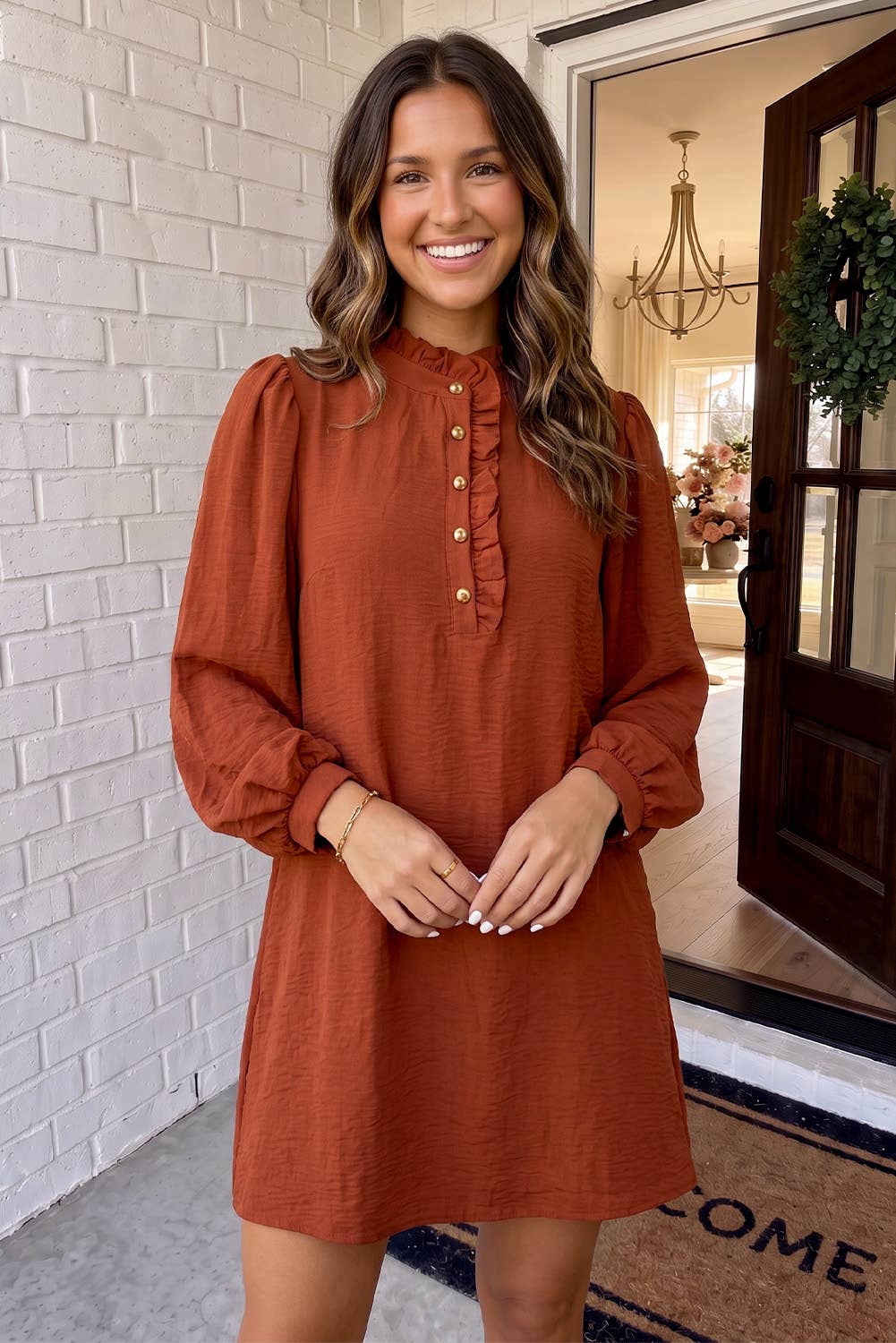 Solid Ruffle Trim Bubble Sleeve Shift Mini Dress