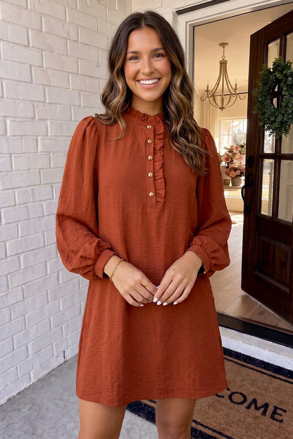 Solid Ruffle Trim Bubble Sleeve Shift Mini Dress